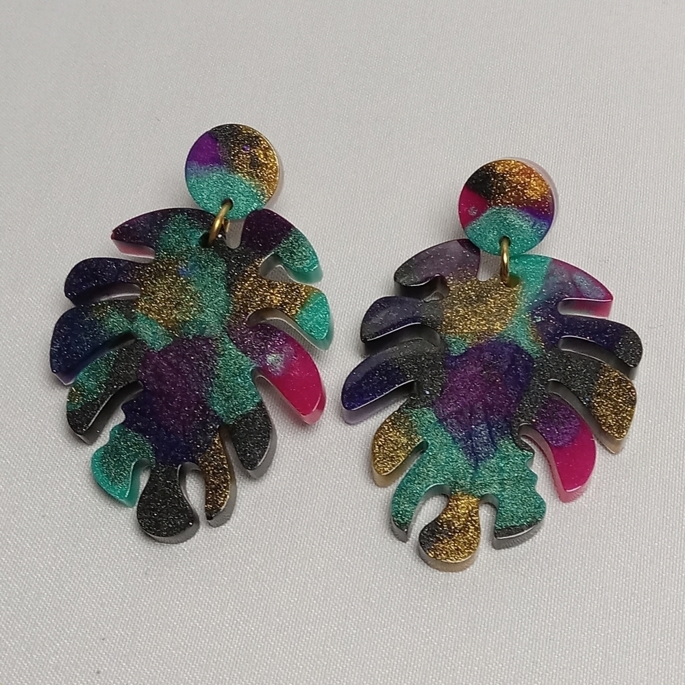 Hand Crafted Tropical Monstera Earrings with Iridescent Finish